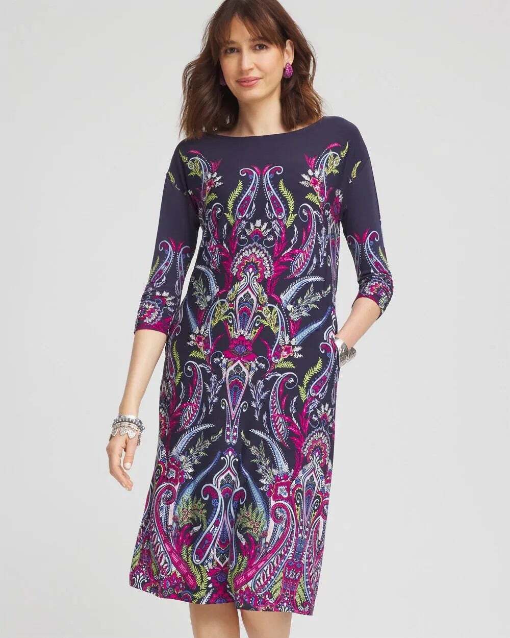 Chicos Floral Multicolor Print Crew Neck Shift Dress Size XL